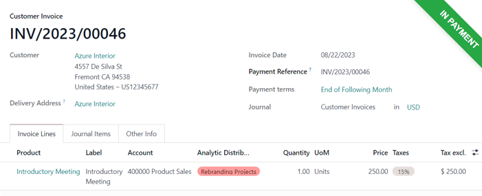 An invoice with a milestone product that has been paid with an In Payment banner.