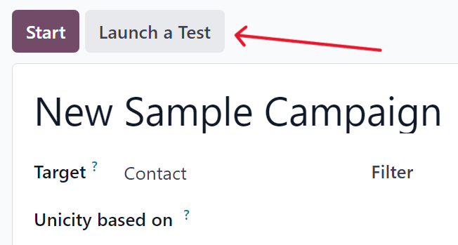 Launch a test button on a campaign detail form in Odoo Marketing Automation.