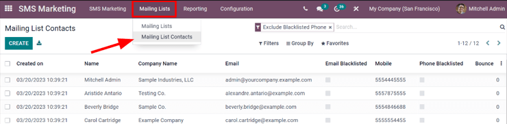 View of the mailing lists contact page in the Odoo SMS Marketing application.