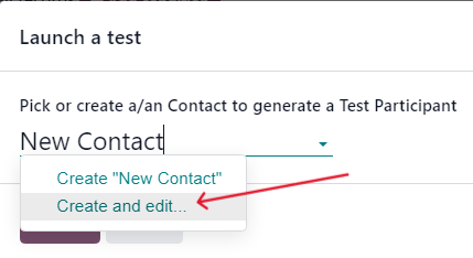 Typing in a new contact directly from the launch a test pop-up window in Odoo.