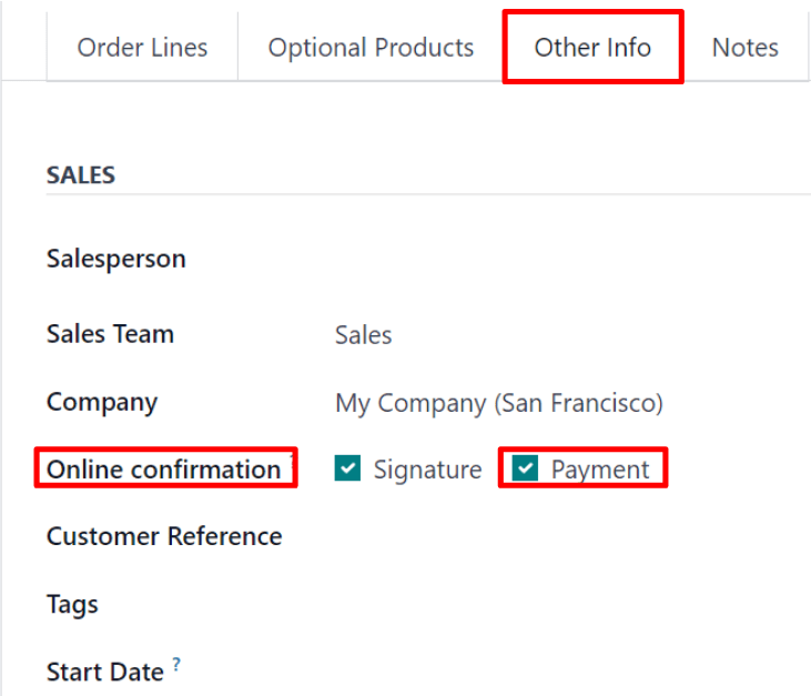 The online payment setting on a standard quotation in Odoo Sales.