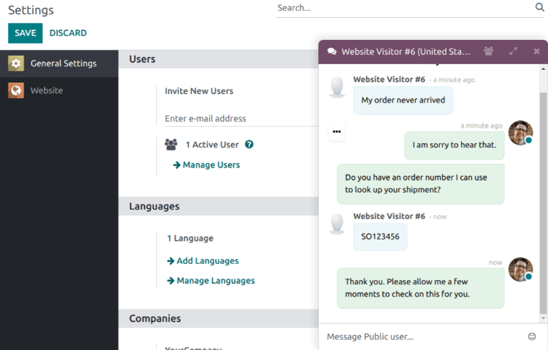 View of a live chat pop up window in an Odoo database.