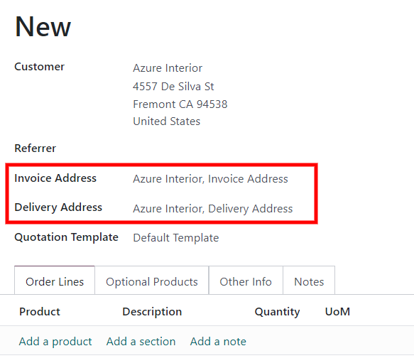 Invoice and Delivery Addresses autopopulate on a quotation.