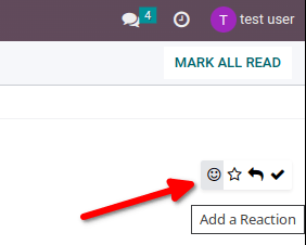 View of an inbox message and its action options in Odoo Discuss.