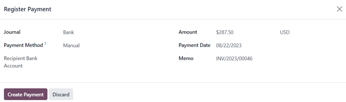 The Register Payment pop-up window that appears when Register Payment is clicked.