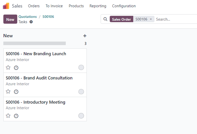 Eșantion de pagină de sarcini accesată prin intermediul butonului inteligent dintr-o comandă de vânzare cu produse de referință.