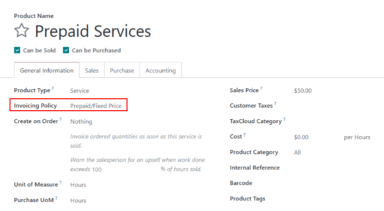 View of a service product with the invoicing policy set to 'prepaid/fixed'.