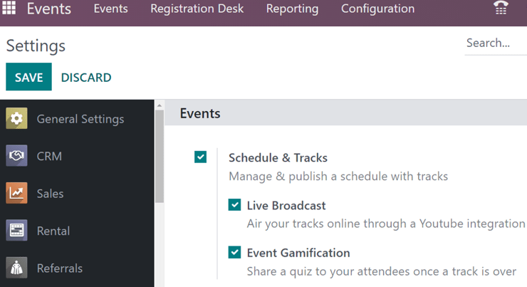 The Schedule and Tracks setting in the Odoo Events app, along with corresponding options.