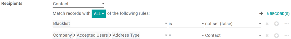 Vy över knappen Lägg till filter under mottagarfältet i Odoo Events.