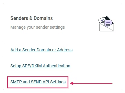 SMTP och Skicka API-inställningar i avsnittet Avsändare och domäner i Mailjet.