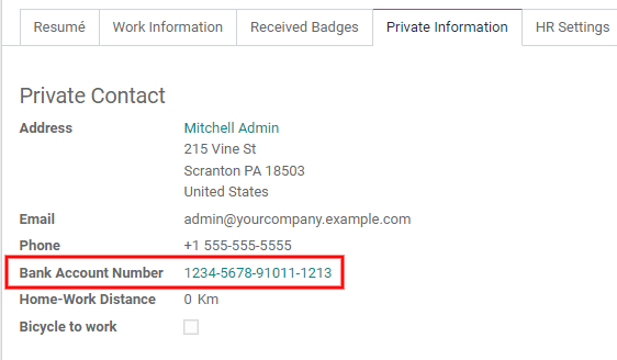 Bankinformation kan anges i en anställds kort.