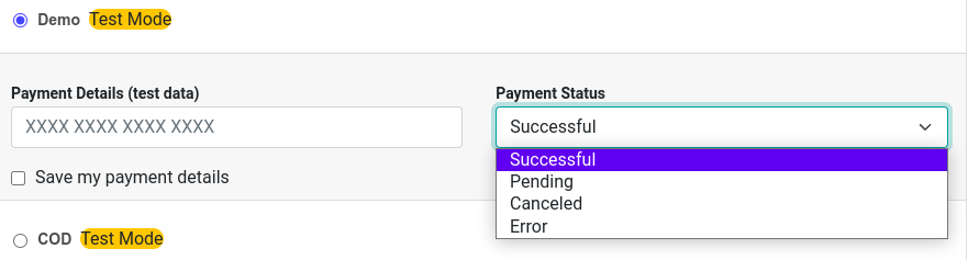 Utfall för betalningsstatus.