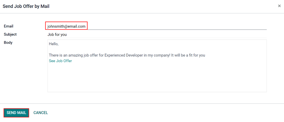 Popup-fönster för hänvisningsmejl med e-postmeddelandet inuti.