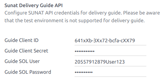 Exempel på konfiguration av SUNAT Delivery Guide API-sektion.