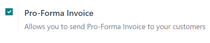 Inställningen för funktionen Pro-Forma-faktura i applikationen Odoo Sales.