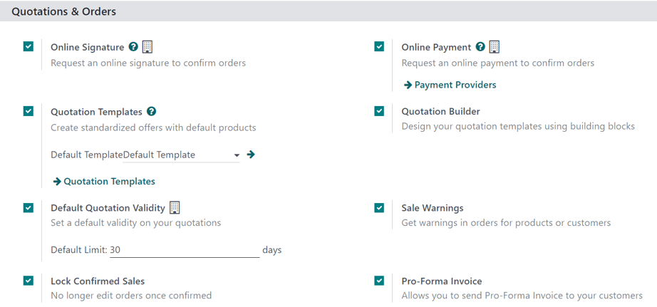 Avsnittet Offerter och order på sidan Inställningar för Odoo Sales-appen.