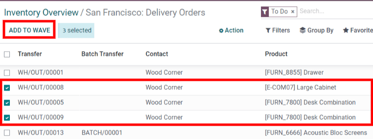 Välj linjer att lägga till i vågen.
