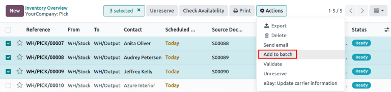 Använd knappen *Lägg till batch*, från listan över *Aktion*-knappar.