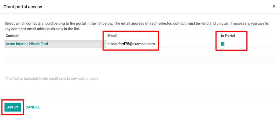 在发送门户网站邀请函之前，需要填写联系人的电子邮件地址和相应的复选框。