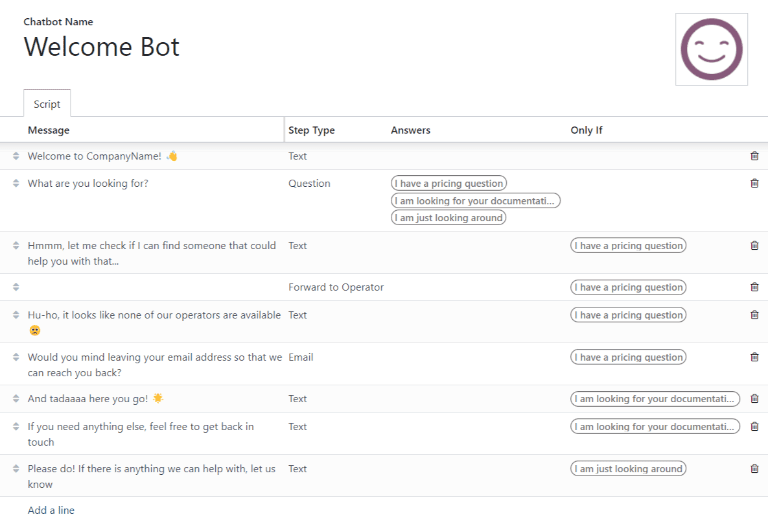  Odoo 实时聊天中的欢迎机器人脚本视图。