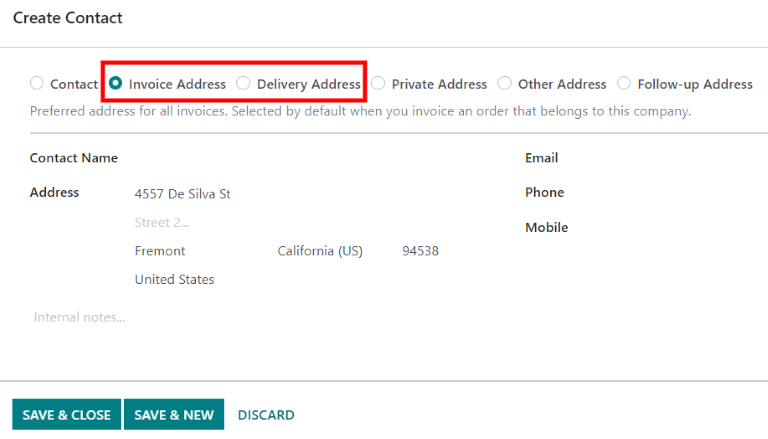 Create a new contact/address on a contact form.