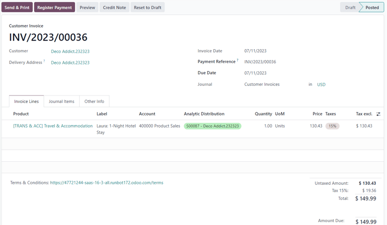 Sample customer invoice for an expense generated from a sales order in Odoo Sales.