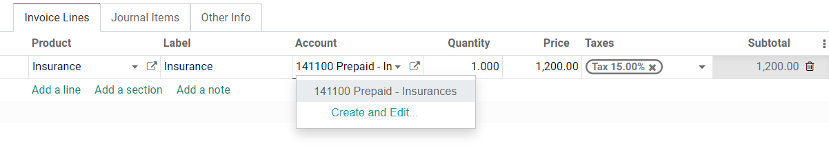 在Odoo会计应用程序中选择草稿账单中的递延费用科目