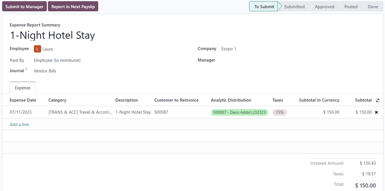 How an Expense Report Summary looks in Odoo Expenses.