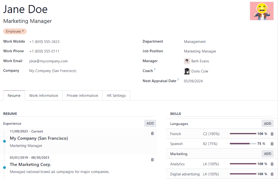 Create a new employee form with all fields filled out.