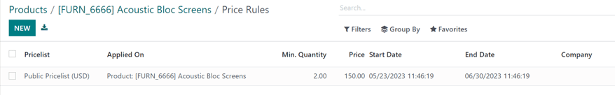 How the extra price rules per product page appears in Odoo Sales.