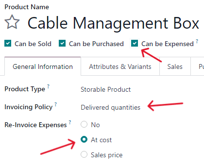 Product settings for a purchase order to be invoiced on a sales order in Odoo.