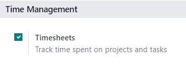 What the Timesheets feature looks like on the Odoo Project settings page.