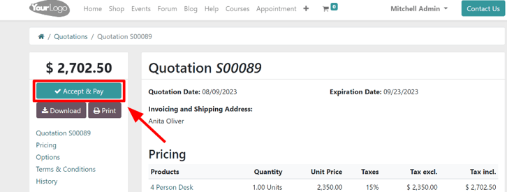 The accept and pay button on an online quotation in Odoo Sales.