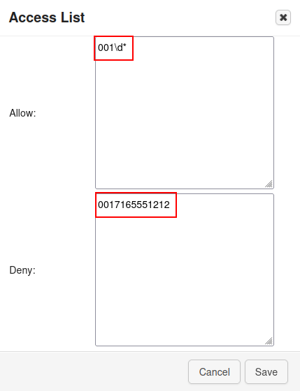 Access list element configuration with the allow/deny fields highlighted.