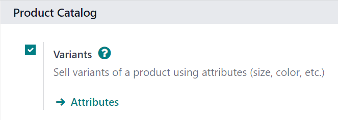 Activating product variants on the Settings page of the Odoo Sales application.