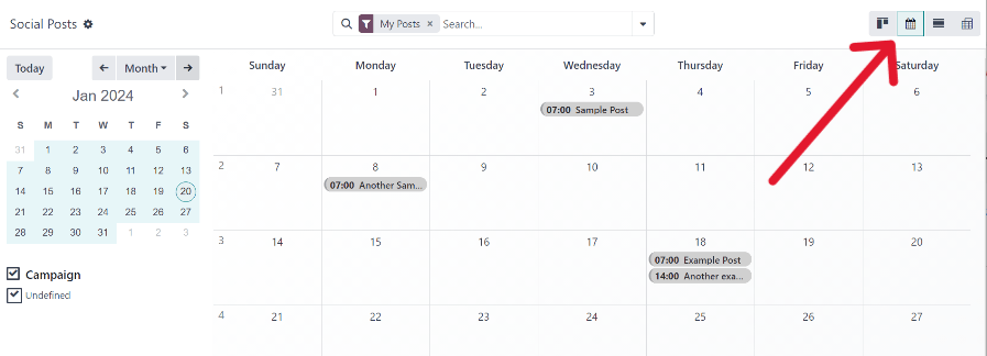 Odoo 社媒营销中的日历视图示例。