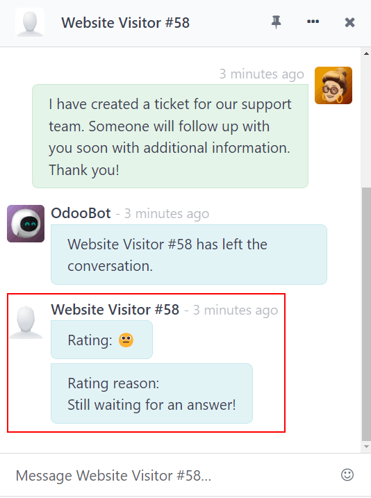 View of a chat window from an operator's window highlighting a rating for Odoo Live Chat.