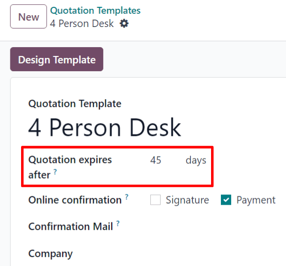 The quotation expires after field on a quotation template form in Odoo Sales.