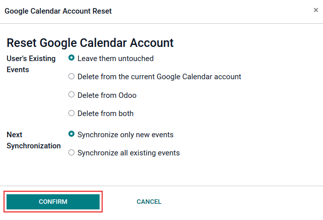 Google calendar reset options in Odoo.