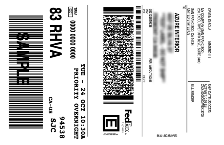 Sample label generated from Odoo's shipping connector with FedEx.