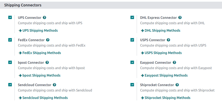 Options of available shipping connectors in Odoo.