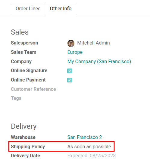 Show *Shipping Policy* field in the *Other Info* tab of a quotation.