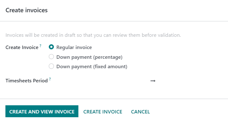 View of create invoices pop up showing timesheets period fields.