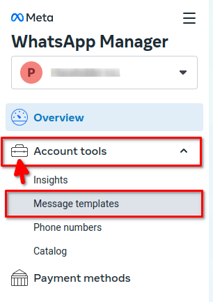 Account tools highlighted in business manager with the manage templates link highlighted.