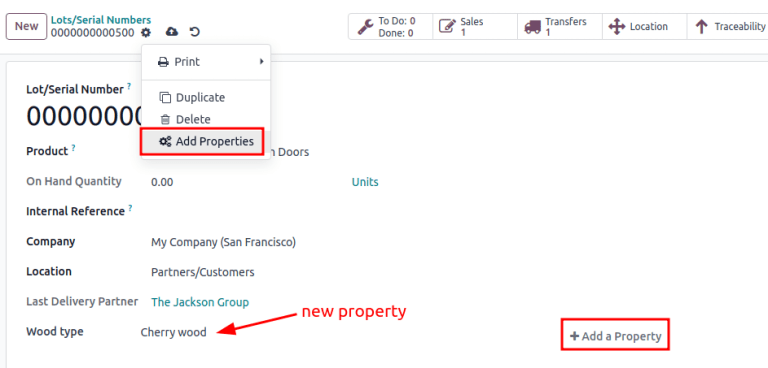 Show the "Add Properties" button on a lot number form.