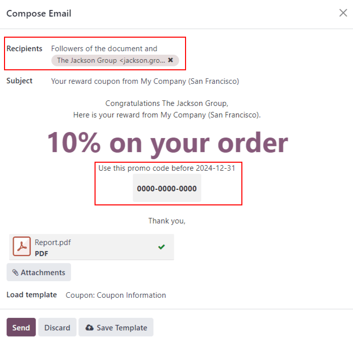 View of an email draft window with coupon code.