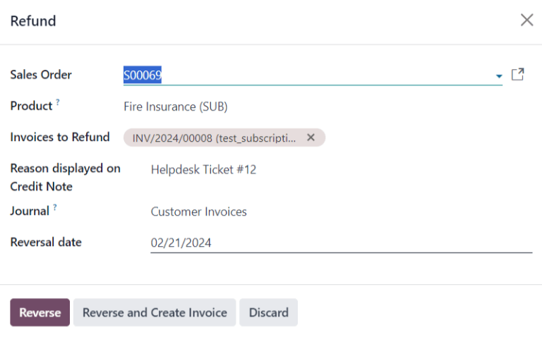 View of a refund creation page.