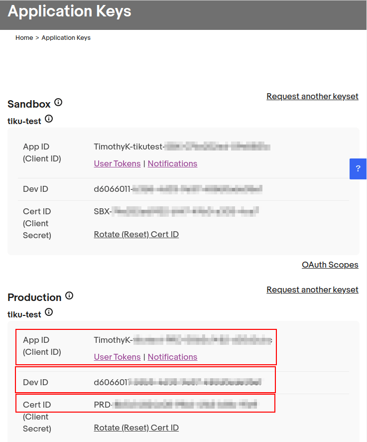 Application keys are populated after creating the app in eBay.