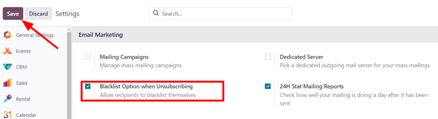 View of the blacklist feature in the Settings page of the Odoo Email Marketing app.