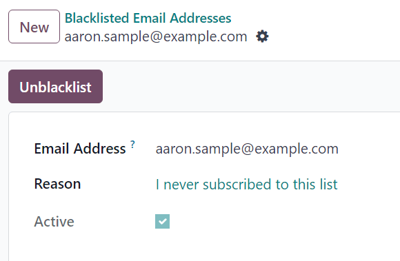 View of a blacklisted contact detail form in Odoo Email Marketing.